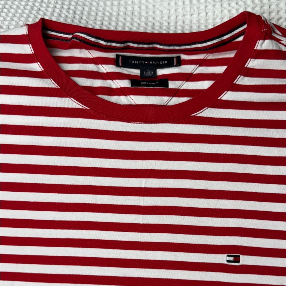 Tommy Hilfiger Women’s Red and White Striped Tee - XS